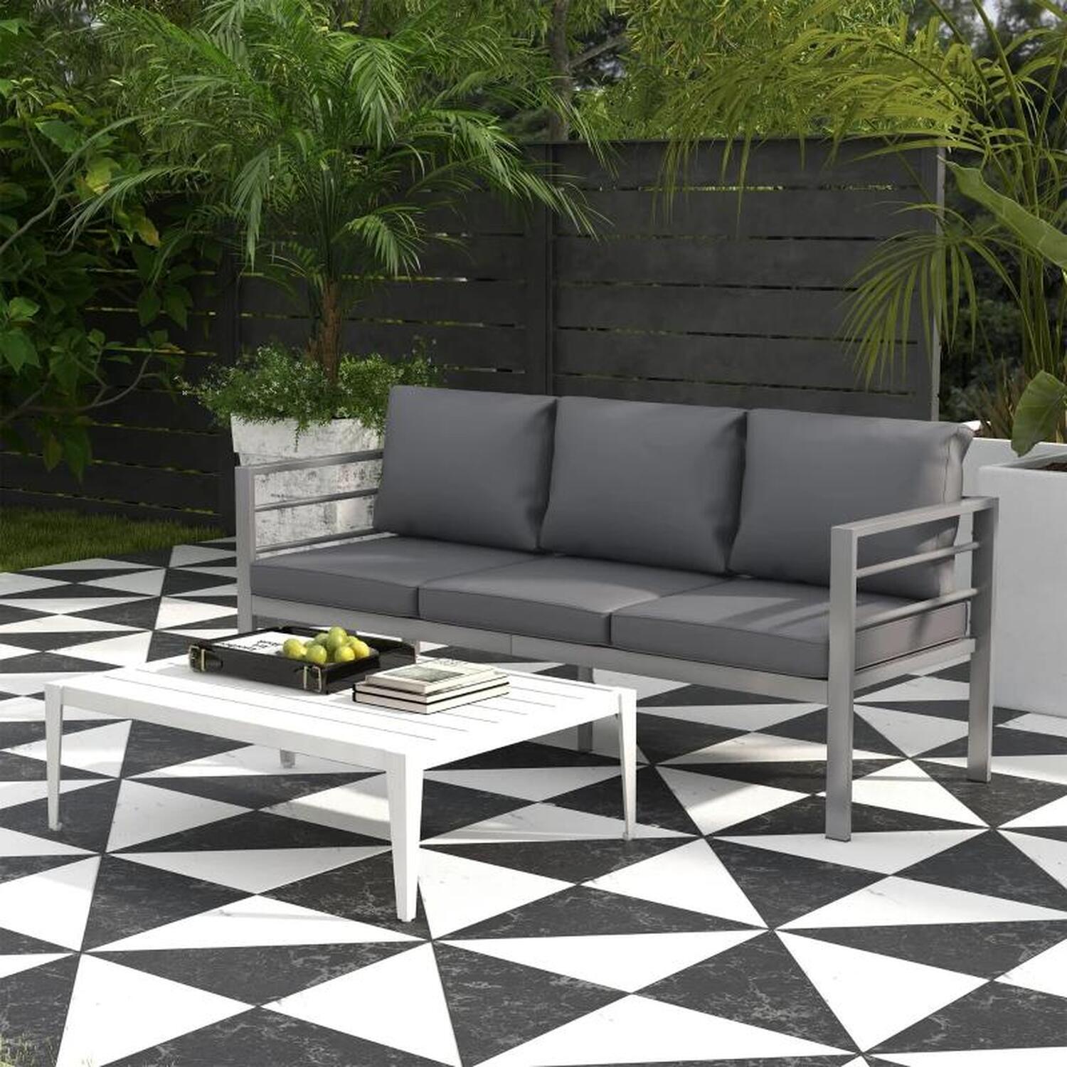Aluminium Three Seater Garden Bench With Cushions - Grey