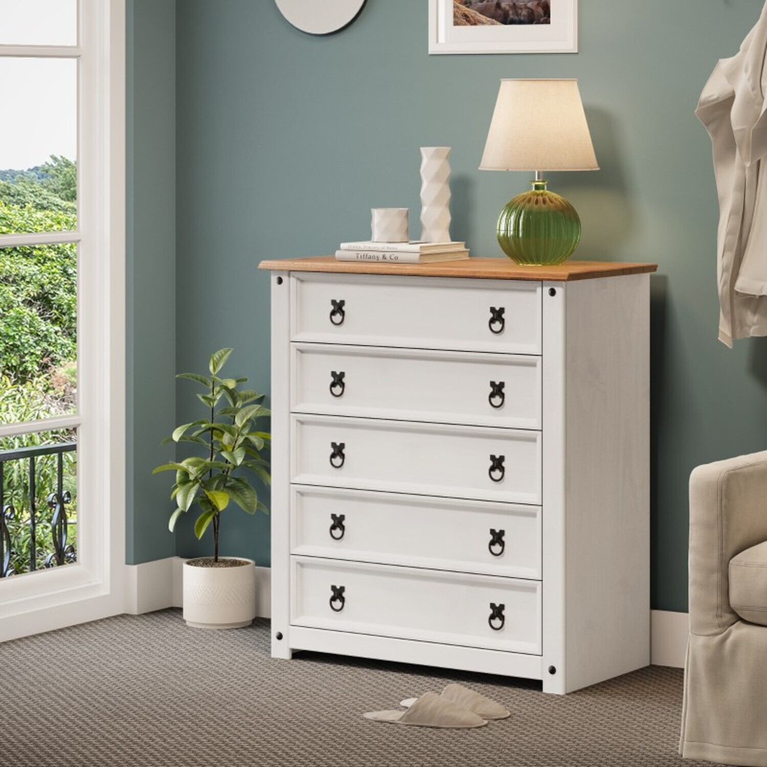 Corona Small 5 Drawer Chest Of Drawers Solid Wood Pine Wooden Bedroom - Distressed White Wax