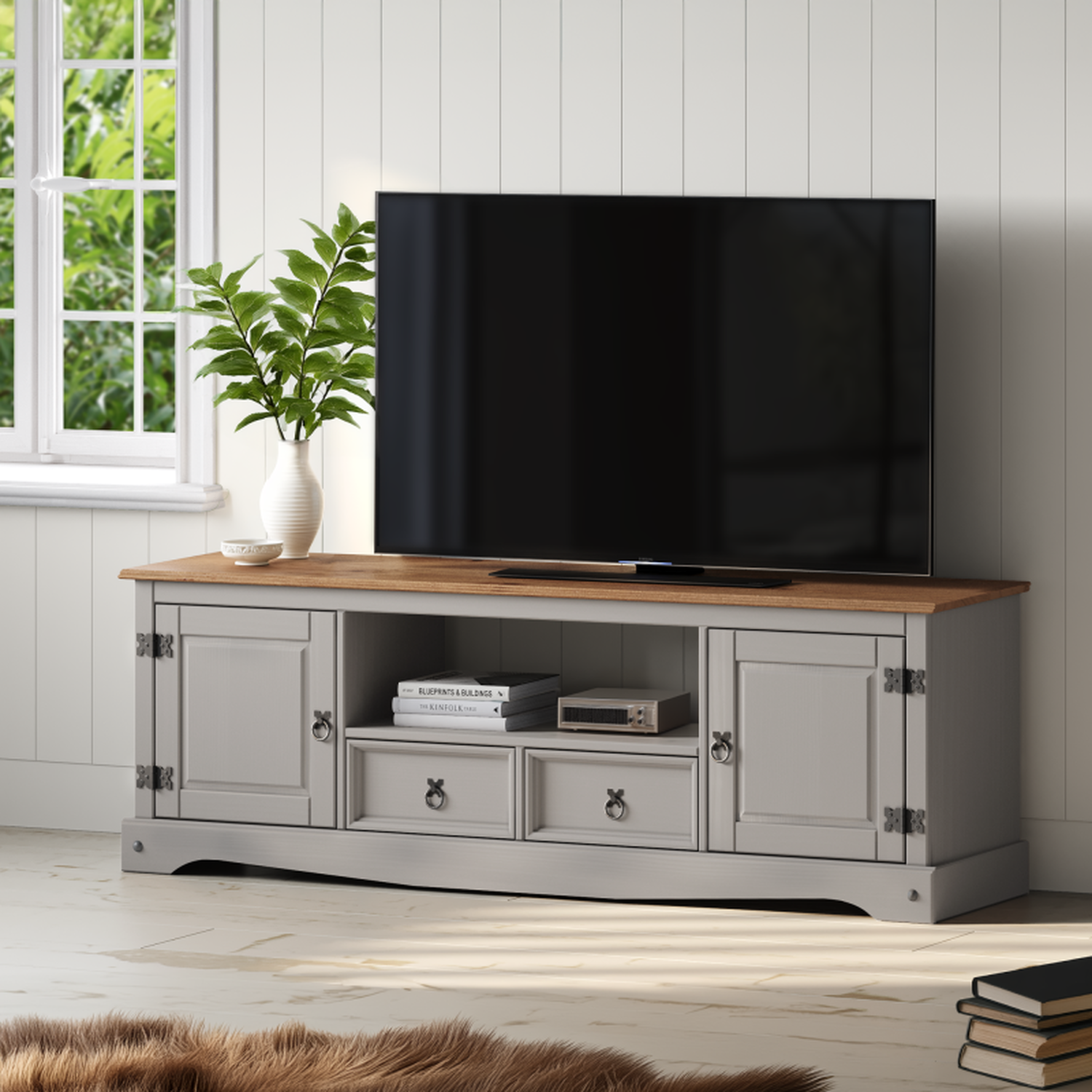 Corona Large Widescreen TV Unit Solid Wood Pine Wooden Long Television Stand - Grey