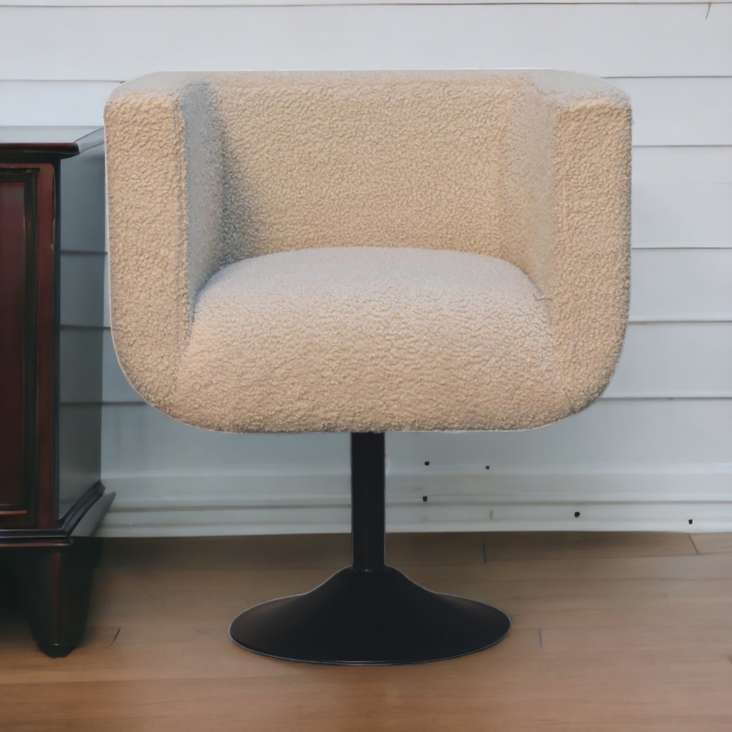 Solid Wood Cream Boucle Swivel Chair - Cream