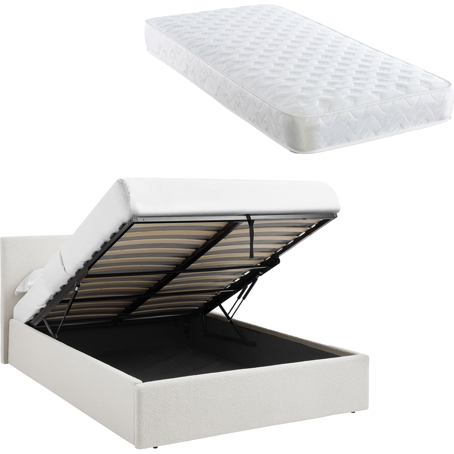 Teddy Boucle 3Ft Single Ottoman Bed White Fabric Frame + Sprung Mattress - Boucle White
