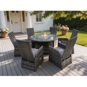 Rattan 4 Seater Gas Fire Pit Round Dining Set Reclining Chairs