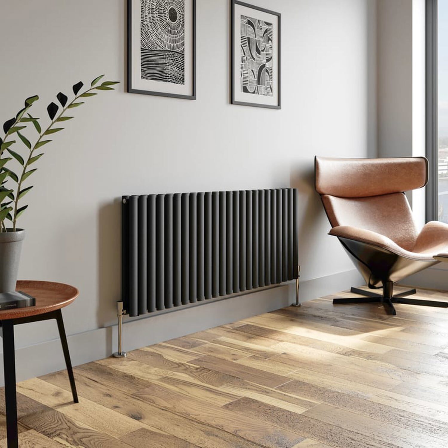 Temprazo Horizontal Oval Tube Double Panel Designer Radiator - 600 X 1440Mm Anthracite - Grey / 600Mm / 1440Mm / 79Mm