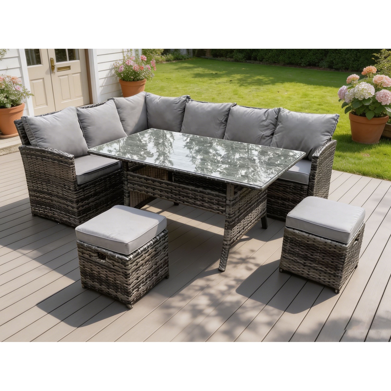 Fimous Unisex Dark Grey High Back Rattan Corner Sofa Set Outdoor Furniture Rectangular Dining Table 2 Footstools 8 Seater In Small - Image 2