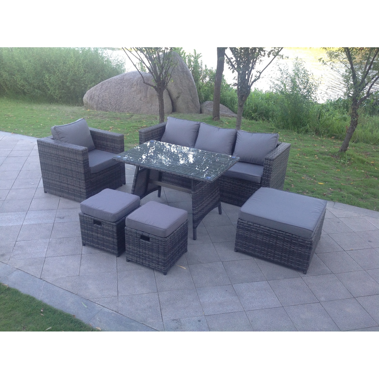 B&Q - 7 Seater Grey Lounge Rattan Sofa Set Dining Table Chair Foot Rest Garden Furniture Outdoor - Image 2