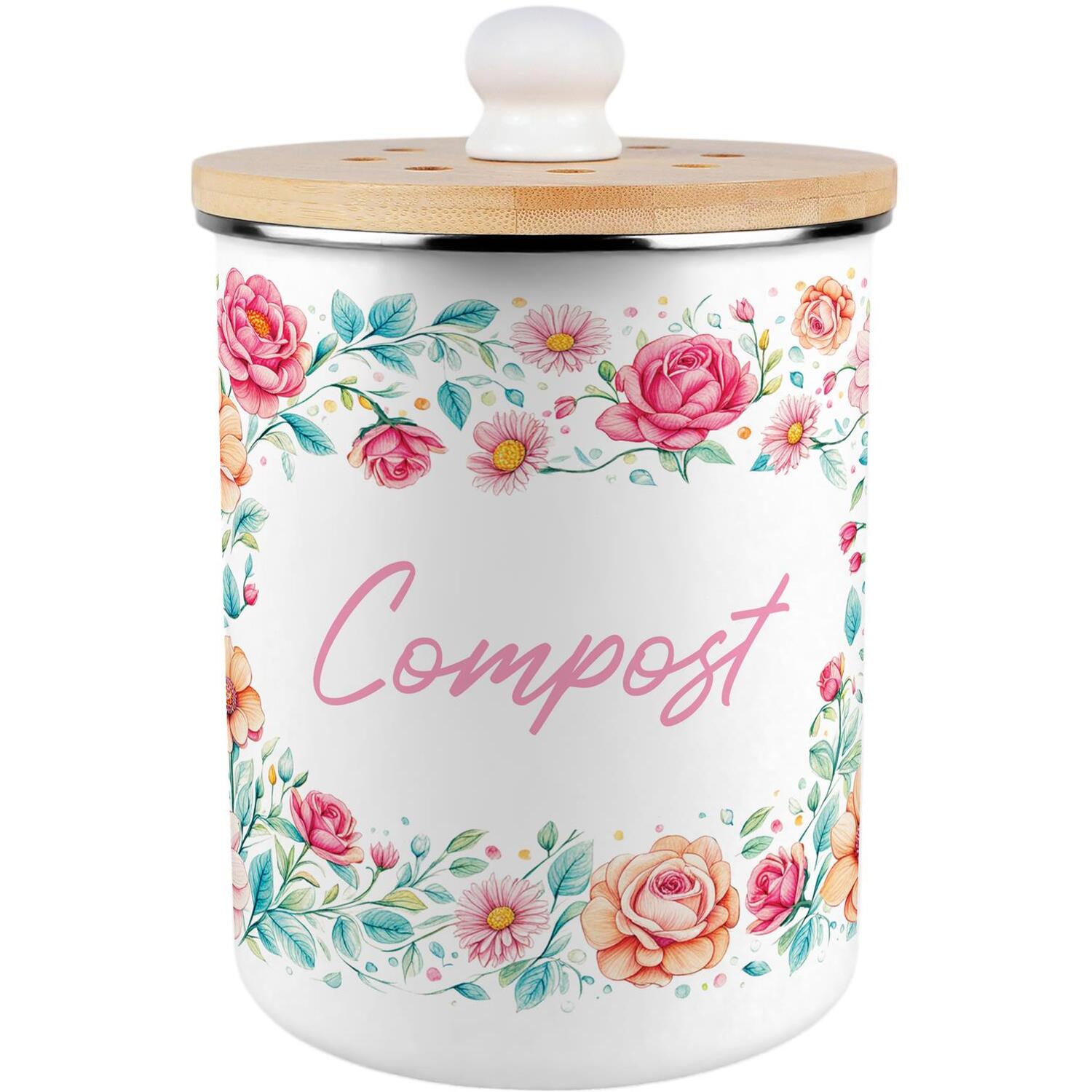 Purely Home Pink Floral Compost Caddy - Metal 2L Decorative Kitchen Food Waste Bin - Pink
