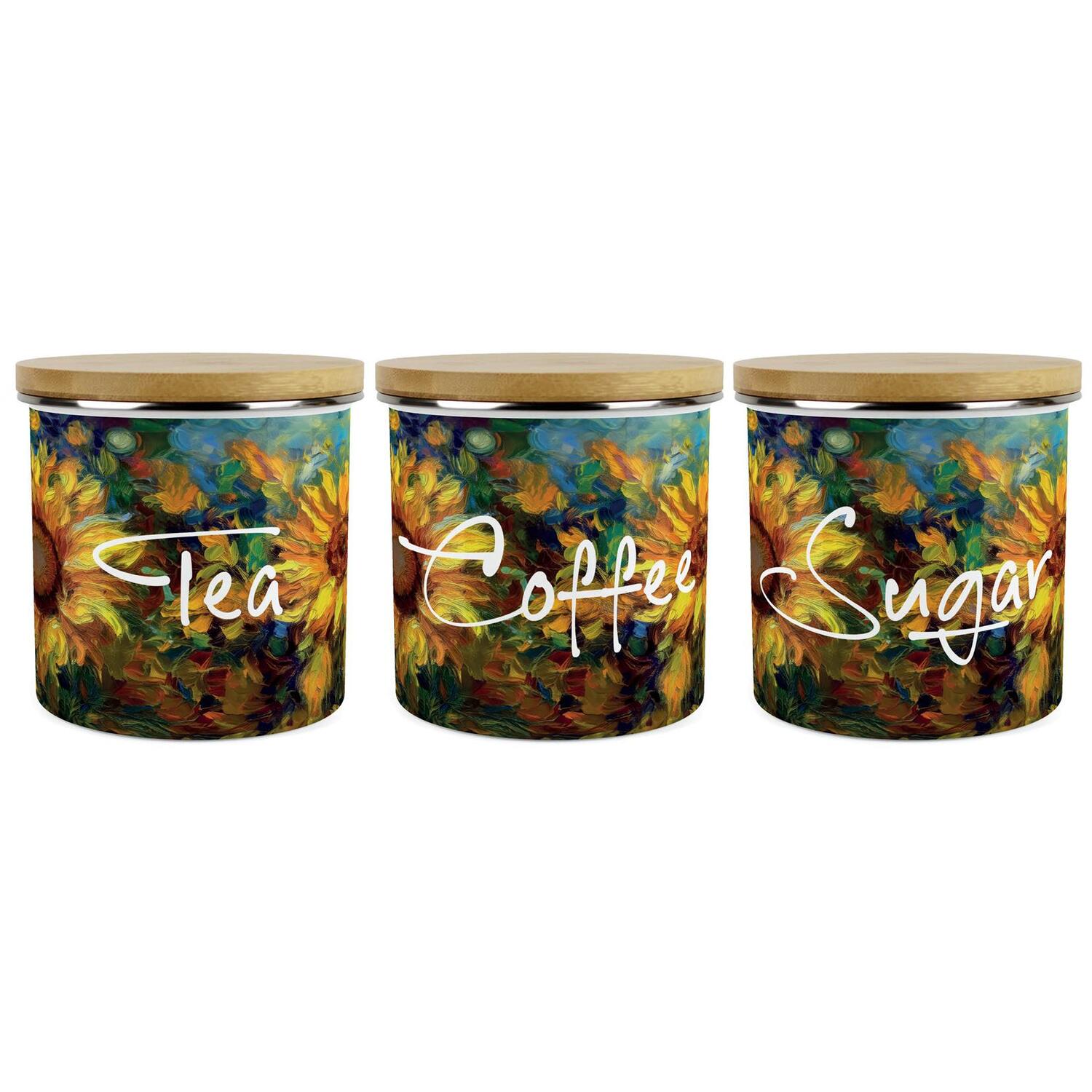 B&Q - Painted Sunflowers Tea Coffee & Sugar Storage Canisters SetVan Gogh Inspired Floral Artwork Enamel Kitchen Containers - Image 3