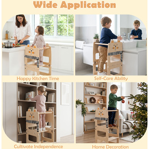 3 in 1 Foldable Toddler Kitchen Step Stool with Cat pattern-Brown