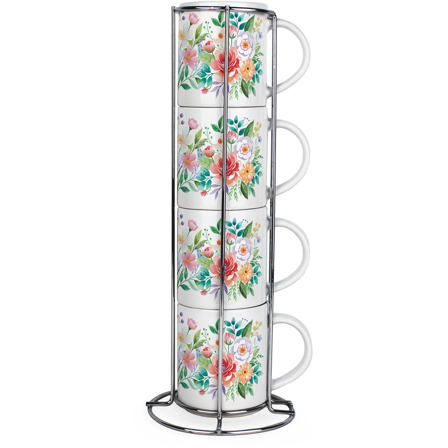 B&Q - Flower Bouquet Stacking Mugs SetFloral Presents For HerSet Of 4 Ceramic Mugs Gift Set With Metal Stand - Image 2