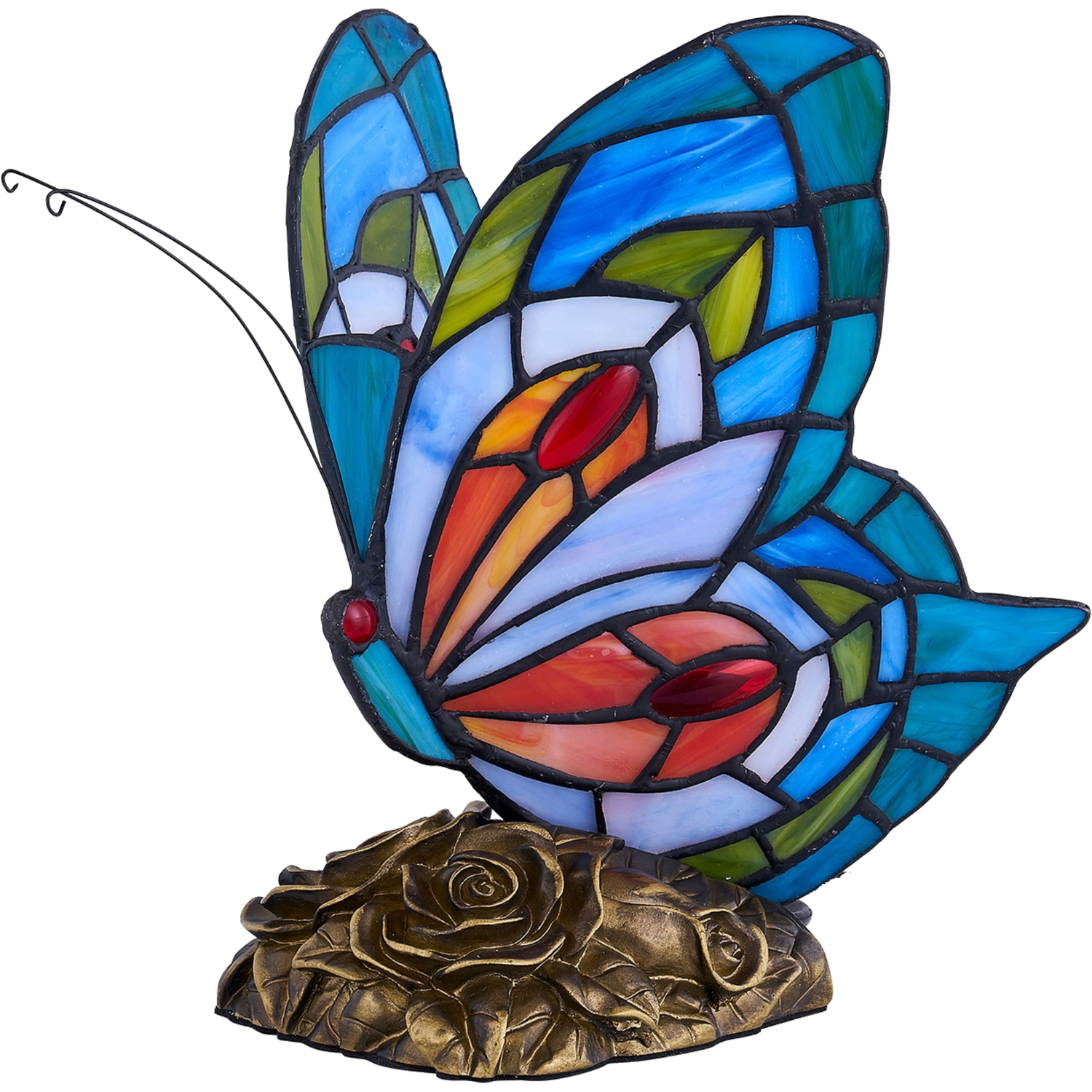 First Choice Lighting Betty Coloured Glass Tiffany Butterfly Table Lamp - Antique Brass & Multi Coloured