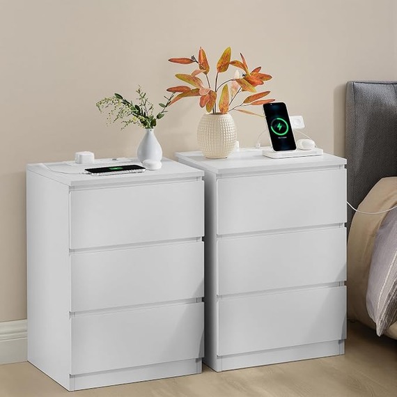 VASAGLE Set of 2 Bedside Table with Power Strip