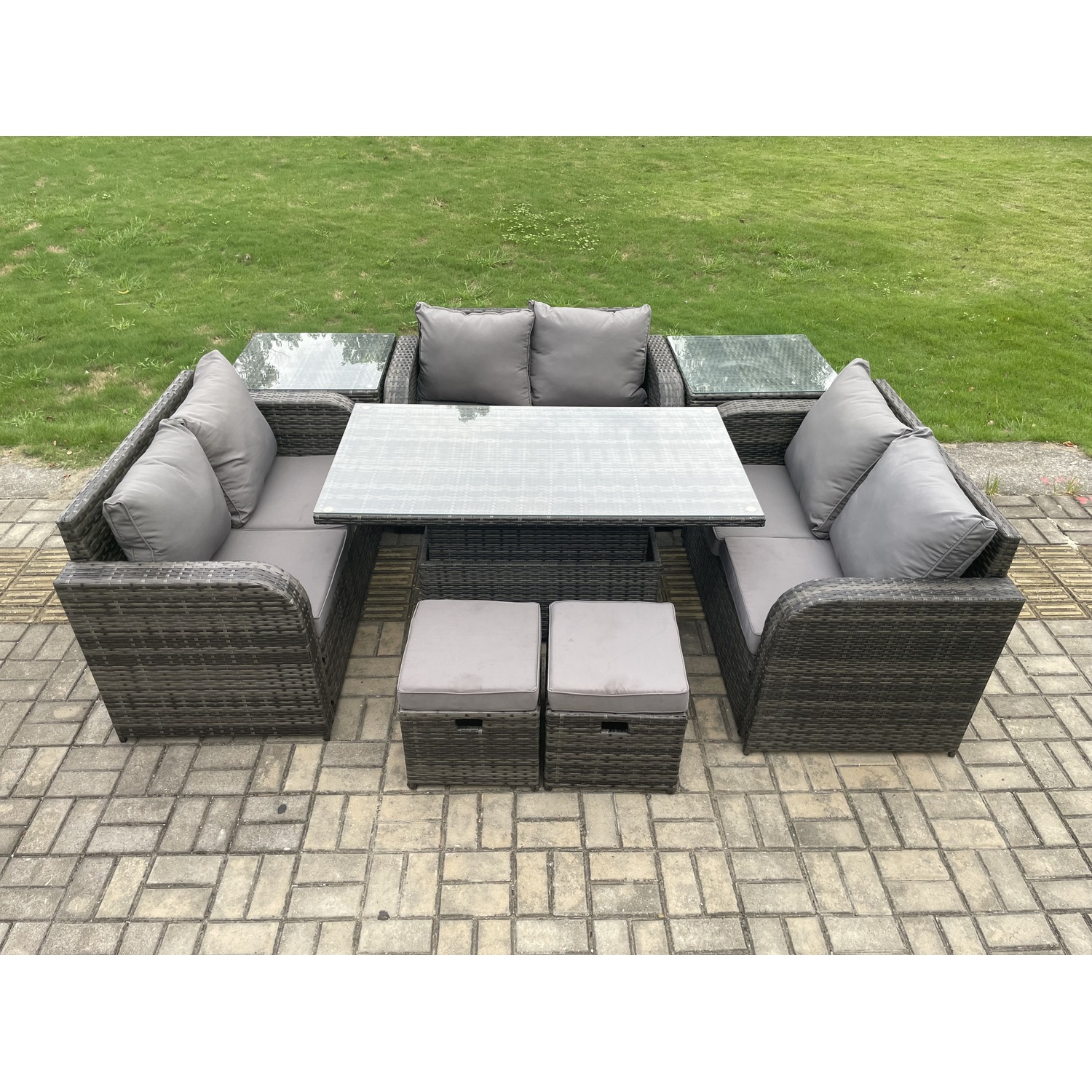 B&Q - Rattan Garden Outdoor Furniture 3 Pc Love Sofa Set Patio Adjustable Rising Lifting Dining Table With 2 Small Footstools - Image 2