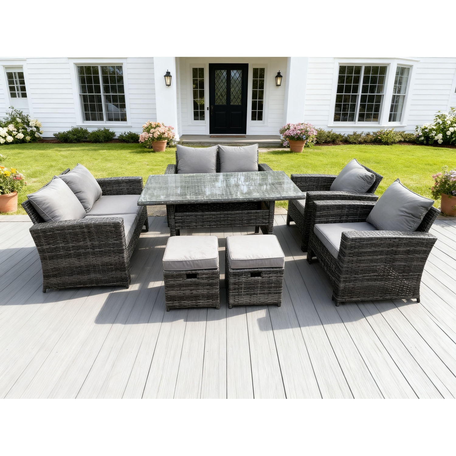 Rackhams Dark/Grey 8 Seater High Back Mixed Rattan Sofa Dining Table Set Garden Furniture Love Sofa Arm Chair Stools - Image 2