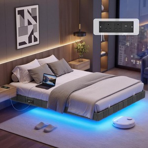 VASAGLE Double Floating Bed Frame with LED Lighting, Upholstered Sides