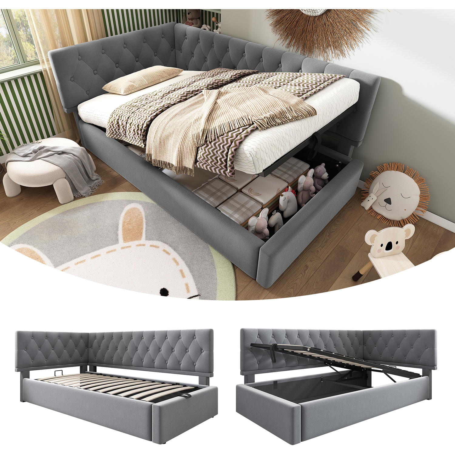 Aka Velvet Ottoman Daybed With Hydraulic Storage - Grey