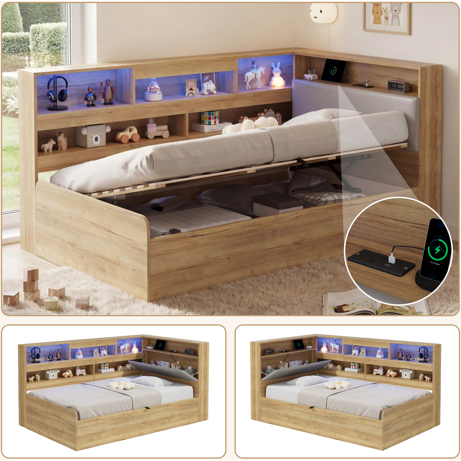 Aka Hydraulic Storage Bed With Led & Usb - White