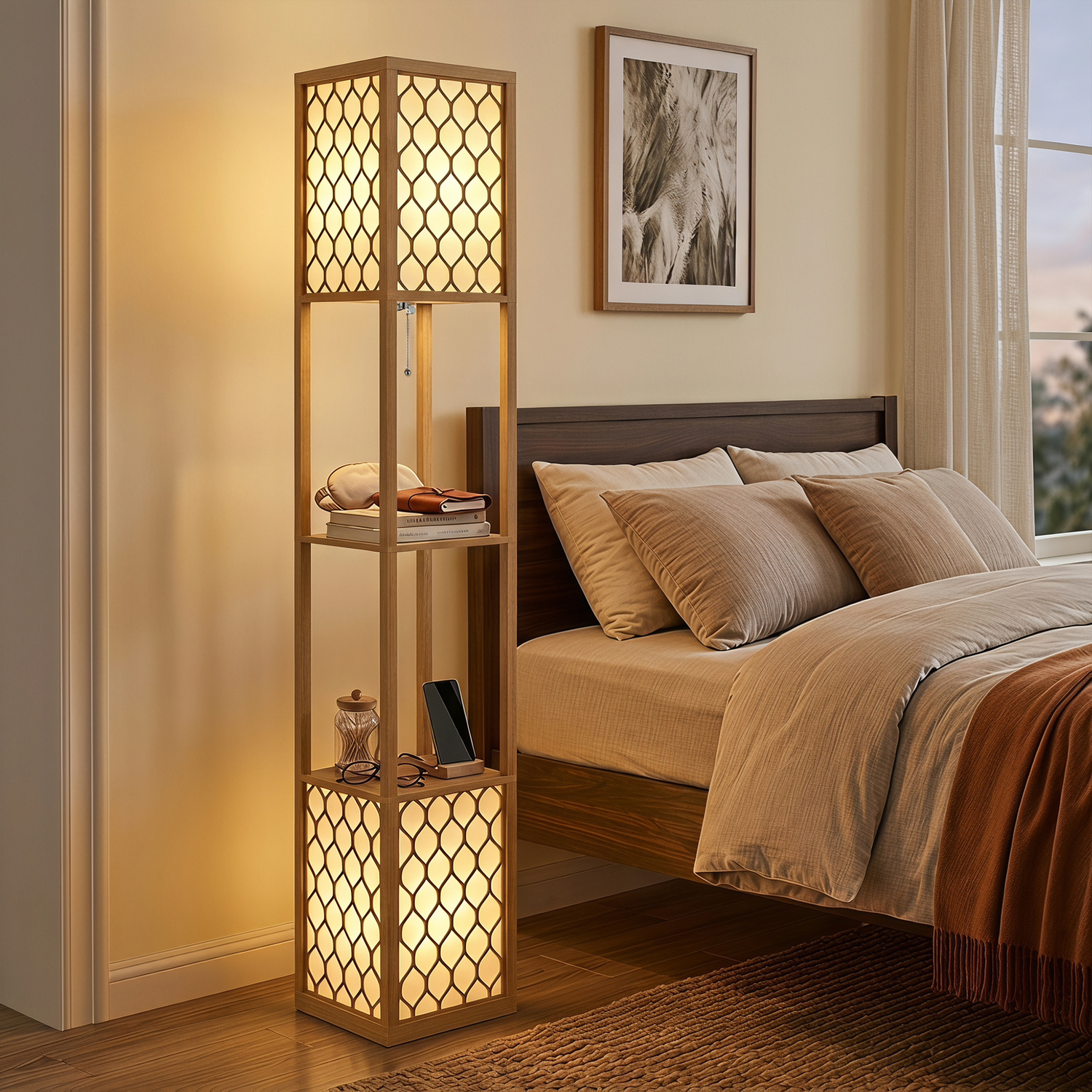 Homcom Light Floor Lamp With Shelves And Fabric Lampshades - Natural Wood Finish - Image 4