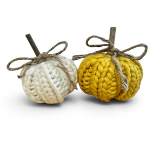 Cream and Yellow Set of Two Knitted Pumpkin Autumnal Decorations