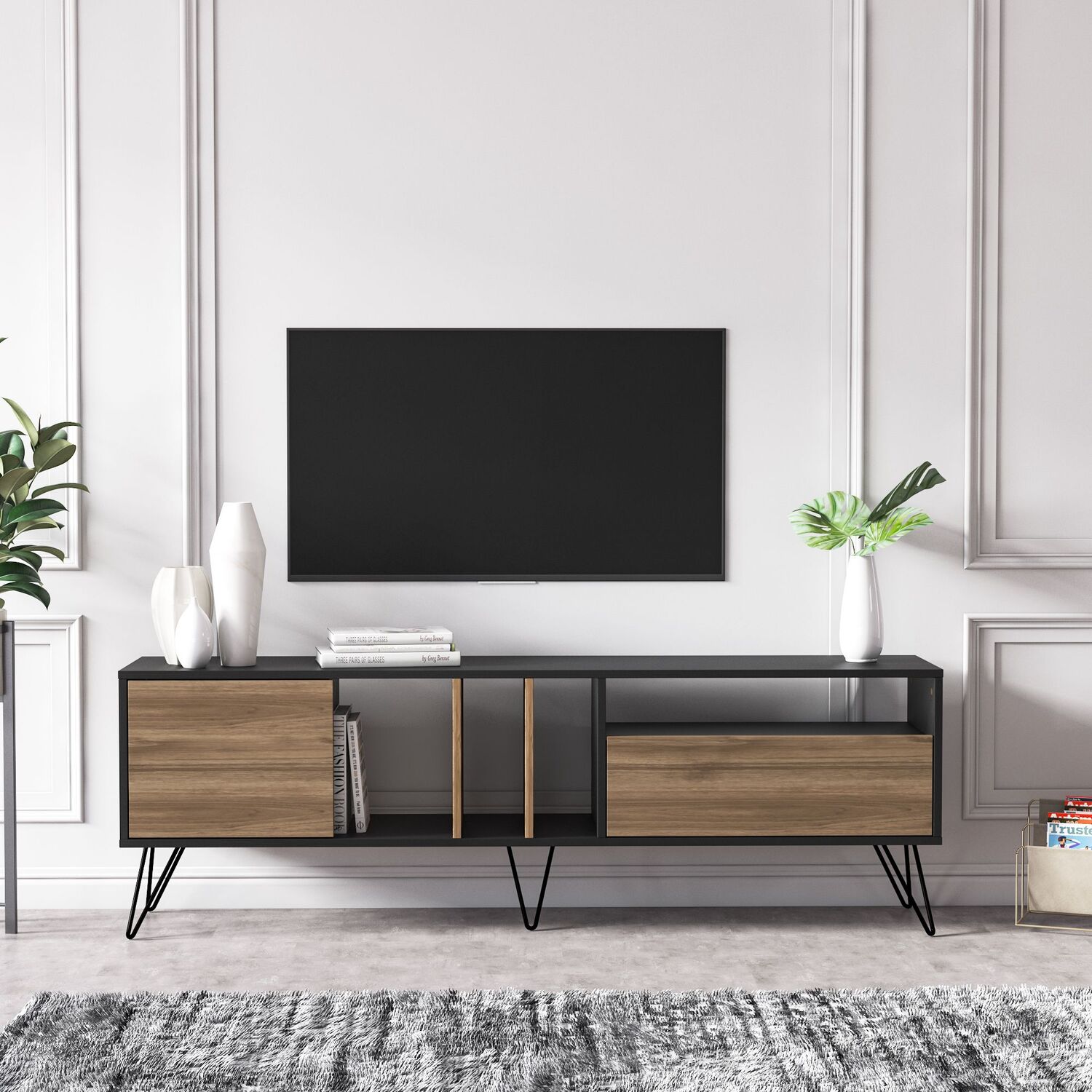 Decorotika Mistico 2 Door 4 Shelf Black And Walnut Wide Modern Tv Unit - Image 3