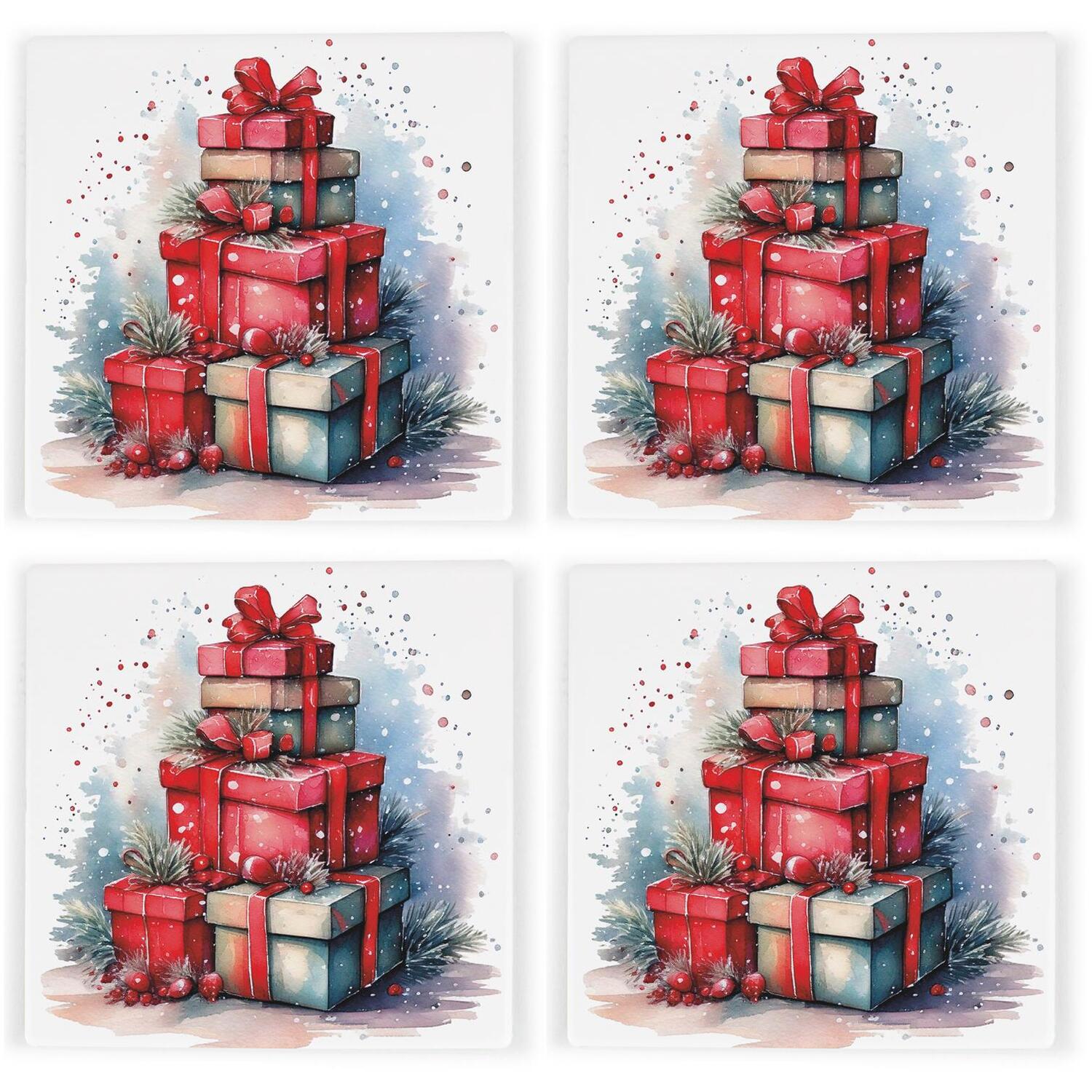 B&Q - Christmas Gifts Ceramic Coaster SetXmas Square Set Of Four (4) Coasters Gift - Image 2