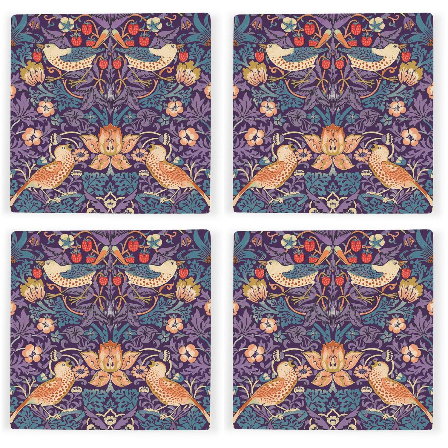 B&Q - Purple Strawberry Thief Ceramic Coaster SetWilliam Morris Artwork GiftsSquare Set Of Four (4) Coasters - Image 2