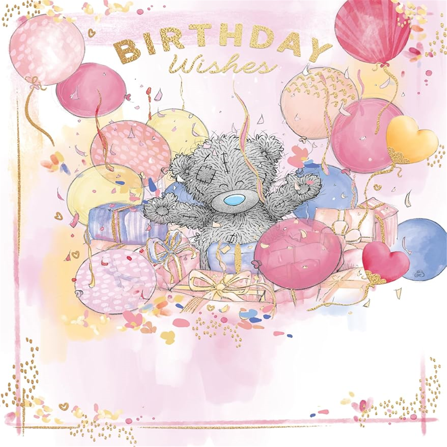 Bear Amongst Streamers Balloons And Gifts Birthday Wishes Card - Image 3