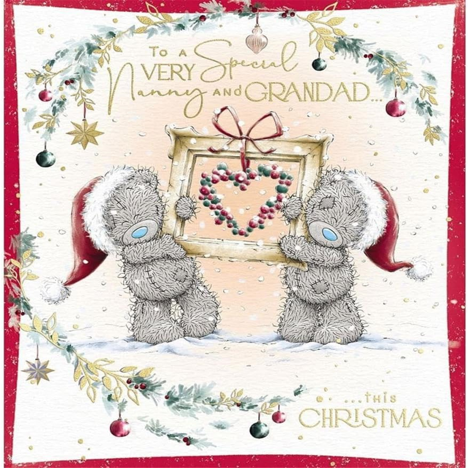 Me To You Bears Holding Framed Heart Special Nanny & Grandad Christmas Card - Red