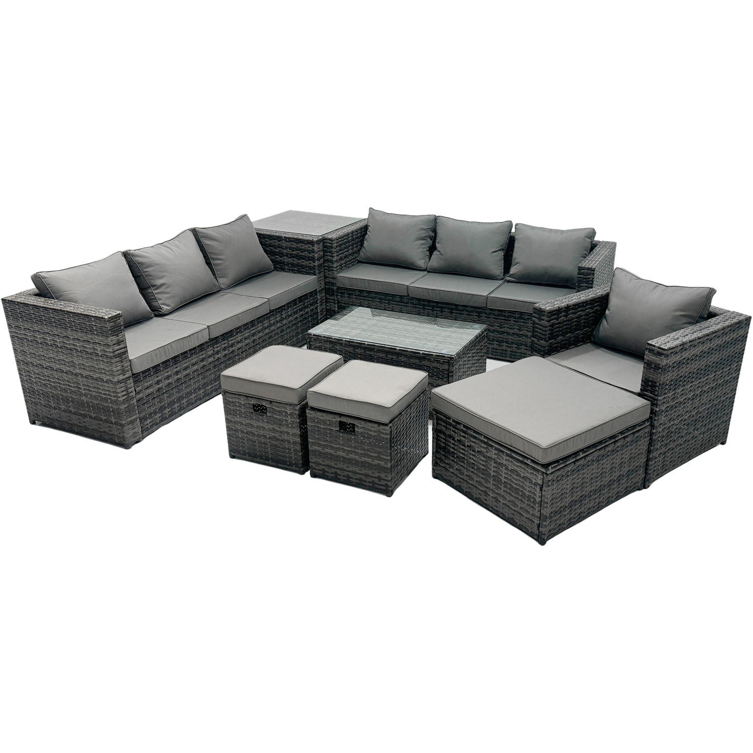 Rackhams Dark/Grey Rattan Garden Furniture Dining Set 10 Seater Patio Coffee Table Sofa Set With 3 Stools Side Table Mixed - Image 2