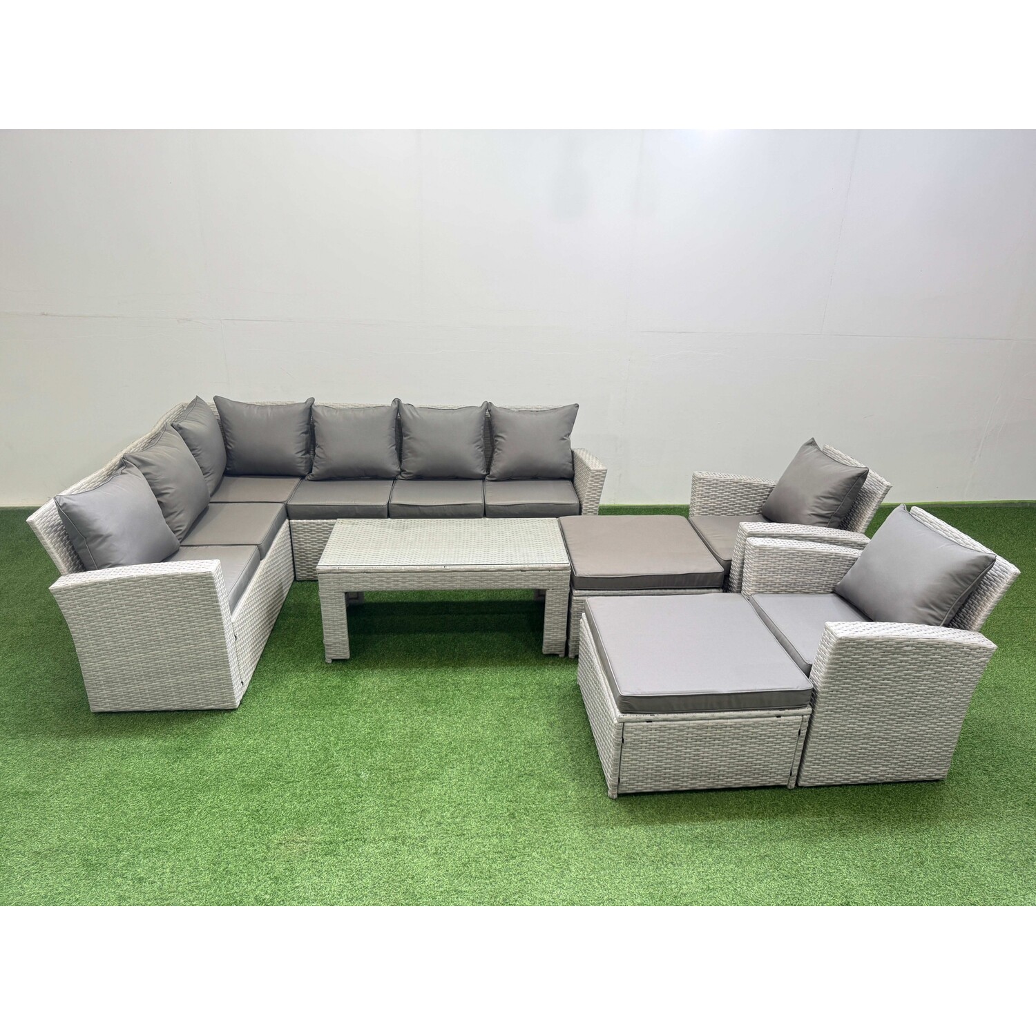 Rackhams Light/Grey Rattan Garden Furniture Set Outdoor 10 Seater Corner Sofa Sets With Oblong Coffee Table Chair Big Footstools Mixed - Image 2