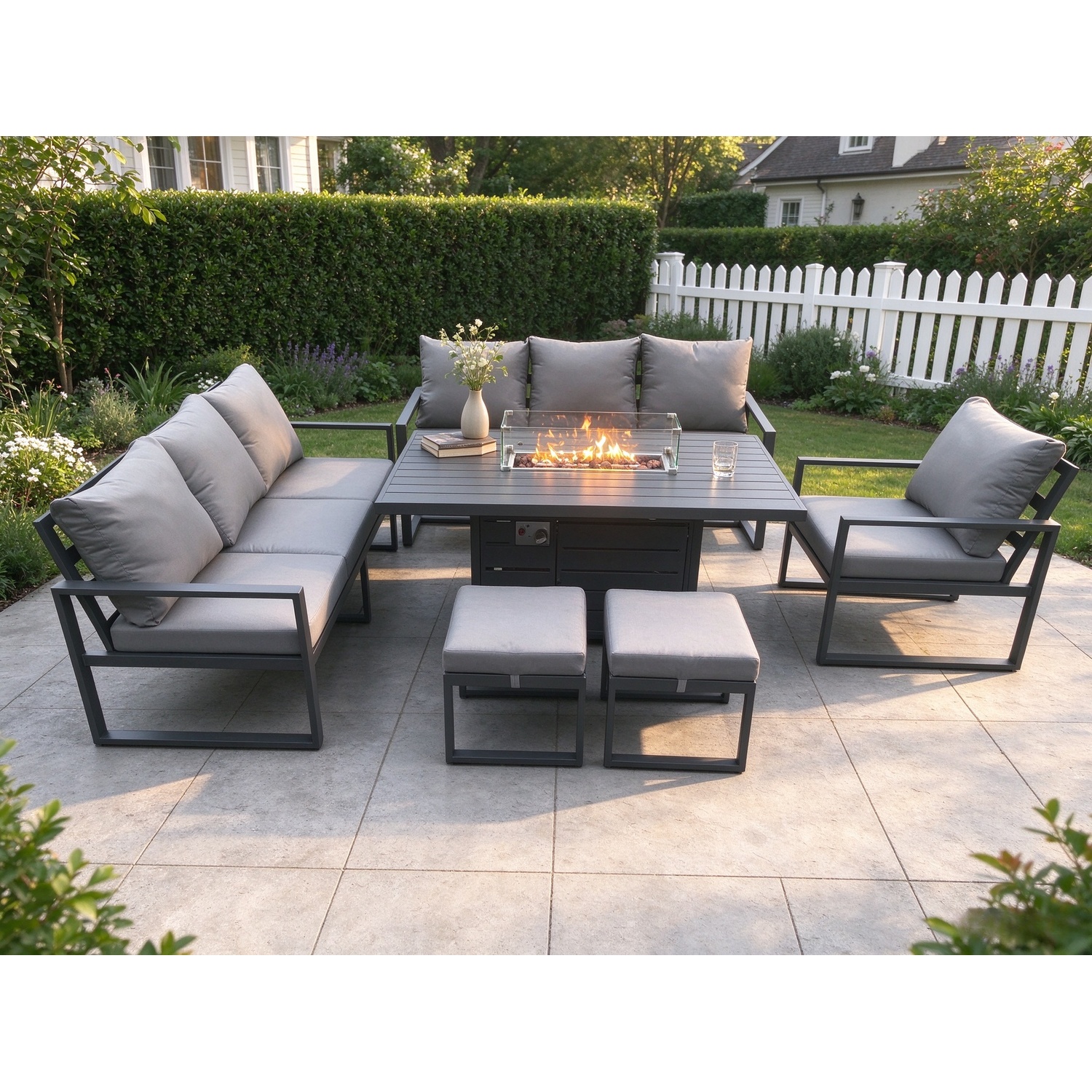 Rackhams Dark/Grey Aluminium 6 Pieces Garden Furniture Sofa Set With Cushions 9 Seater Gas Fire Pit Dining Table Set With 2 Small Footstools - Image 2