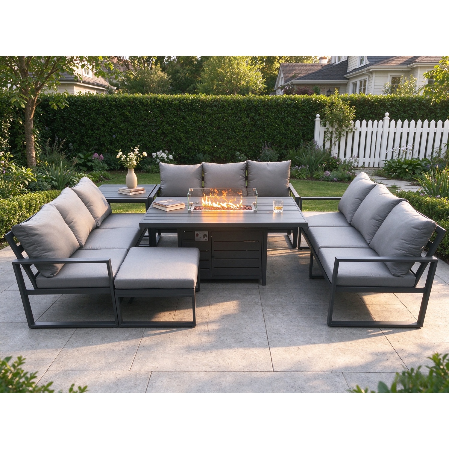 Fimous Dark/Grey Aluminium 10 Seater Garden Furniture Outdoor Set Patio Lounge Sofa Gas Fire Pit Dining Table Set With Big Footstool Side Table - Image 2