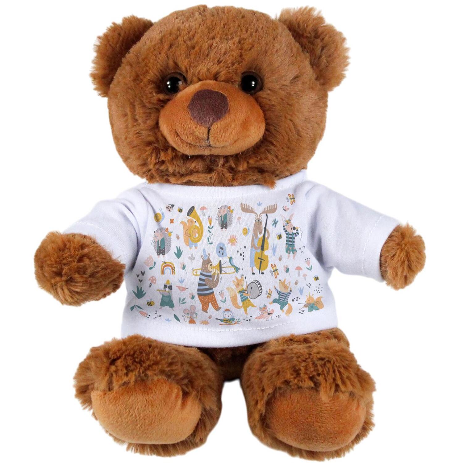 B&Q -  Musical Creatures Teddy BearSmall Plush Toy Gifts For ChildrenDark Brown Stuffed Animal With Printed T-Shirt - Image 3