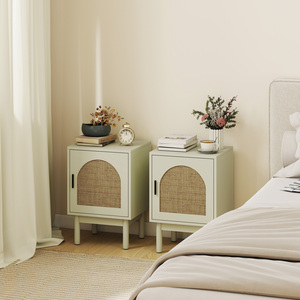 HOMCOM 2-Piece Rattan Bedside Table Set, Boho Cabinet, Light Green