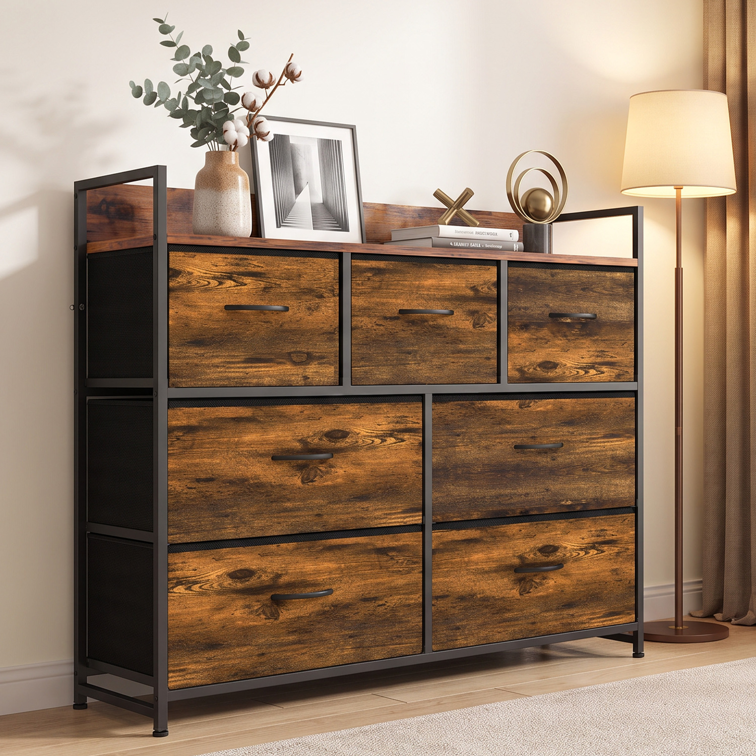 Rackhams Brown 7 Drawer Chest Of Drawers With Top Shelf And Steel Frame Rustic - Image 3