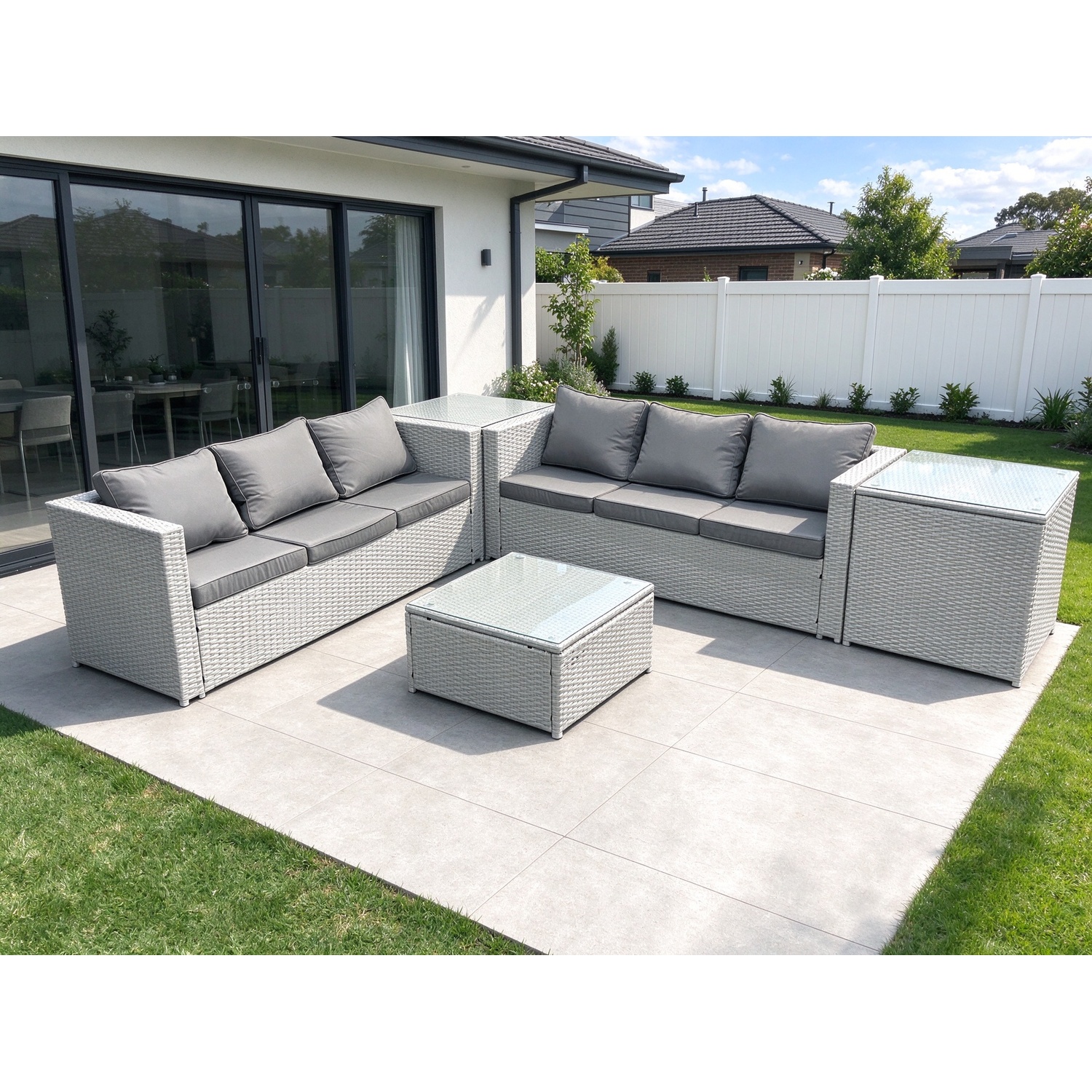 Fimous Unisex Light Grey Rattan Garden Outdoor Furniture Set Seater Rattan Garden Sofa Set With 2 Side Tables Mixed Size 6 - Image 2