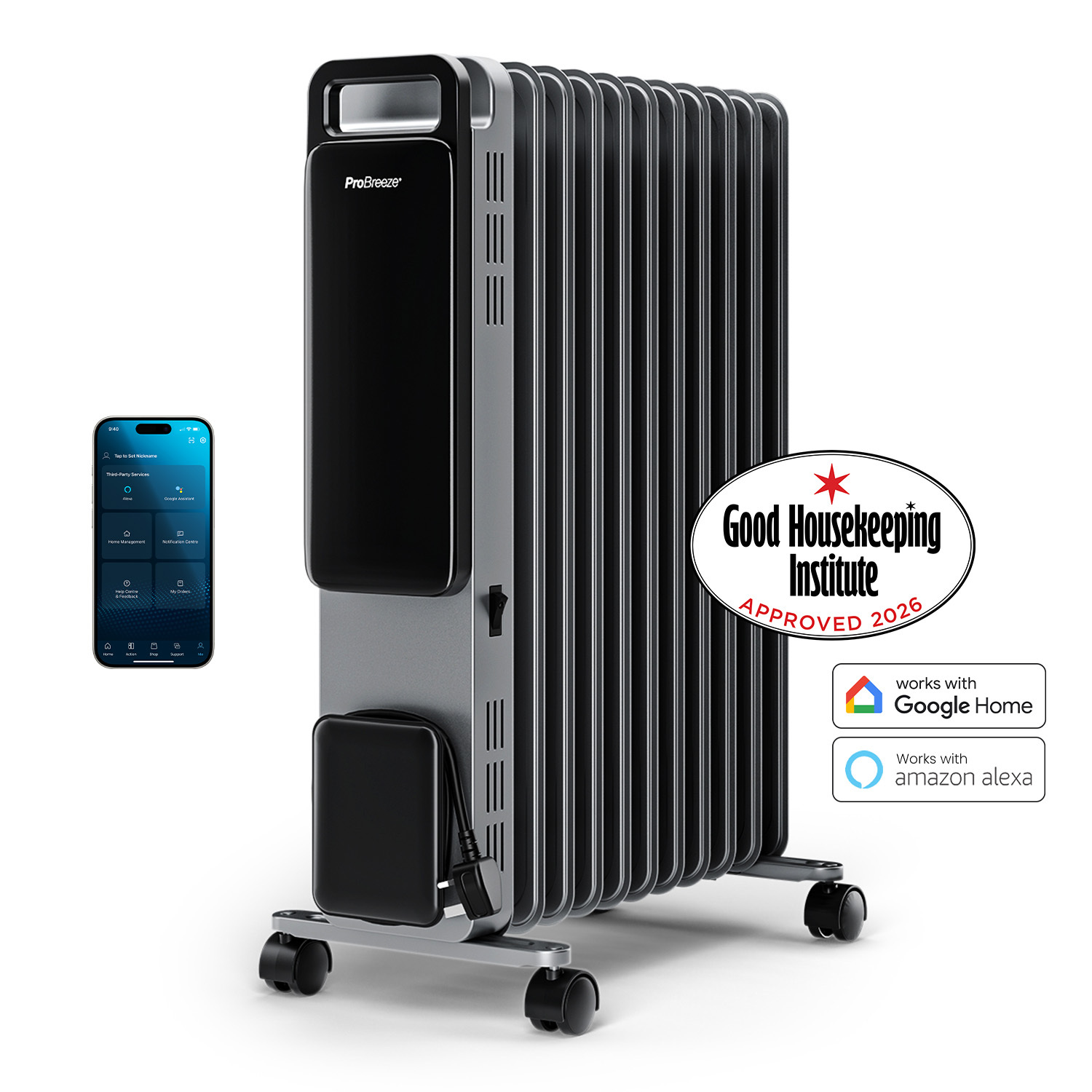Pro Breeze OmniWarm 2500W Oil Filled 11 Fins Radiator Heater With Digital Display & Smart App Control in Silver - Image 3