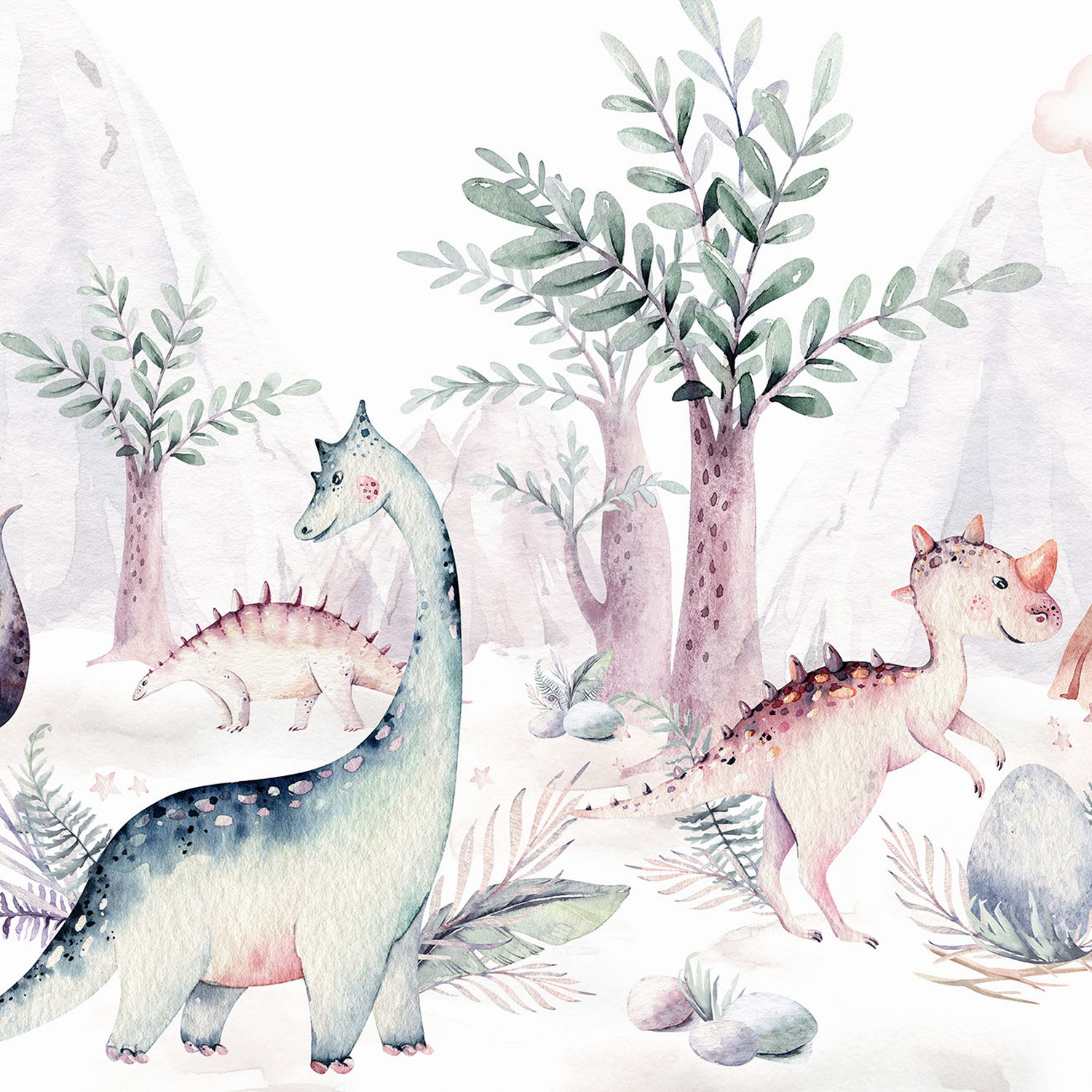 Dinosaur Friends Wall Mural - White / 260cmcm