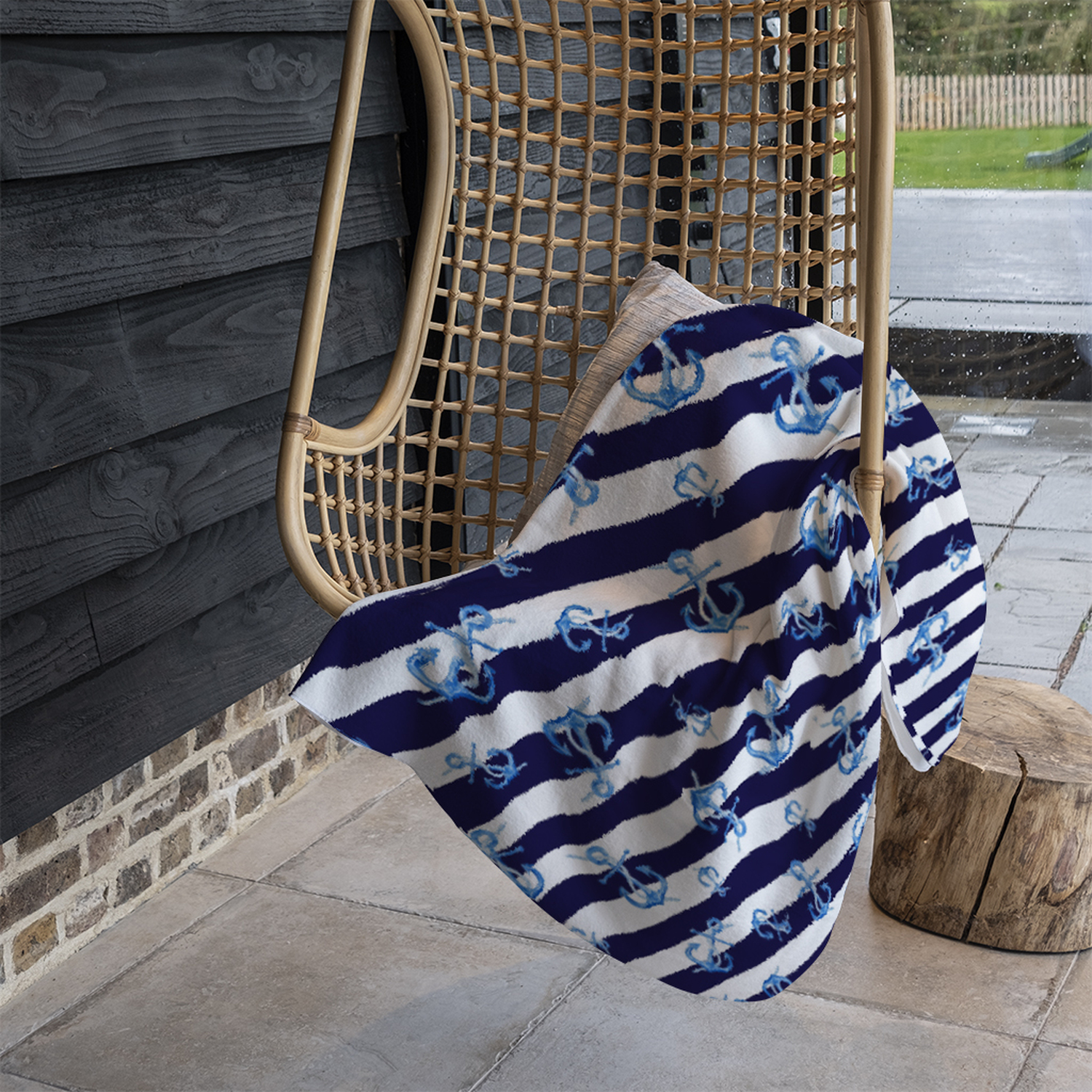 Blue Anchors On Navy Striped Blanket - Blue