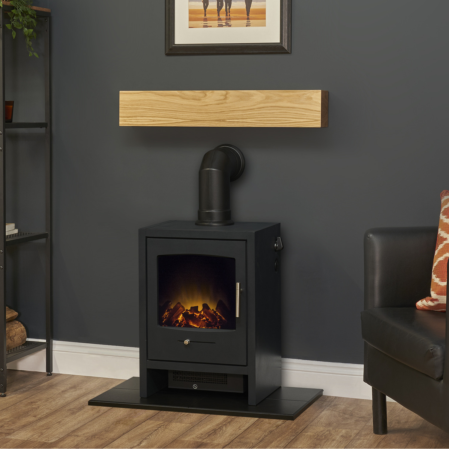 Adam Oak Beam, Hearth Stove Pipe with Bergen Stove in Charcoal Grey