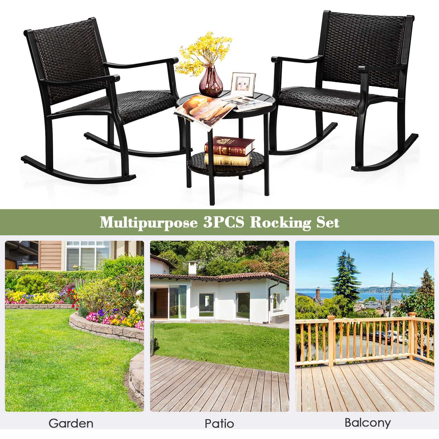 3 Piece Rocking Bistro Table Chair Set - Brown