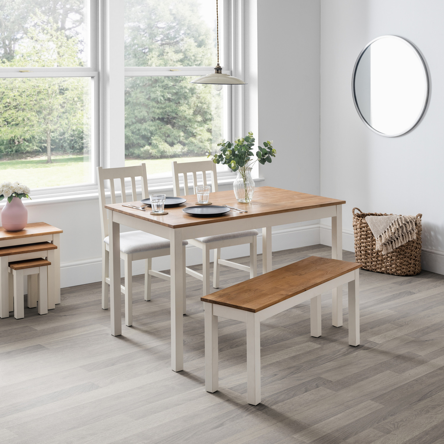 Coxmoor Ivory And Oak Rectangular Table Bench And Chairs Set - White