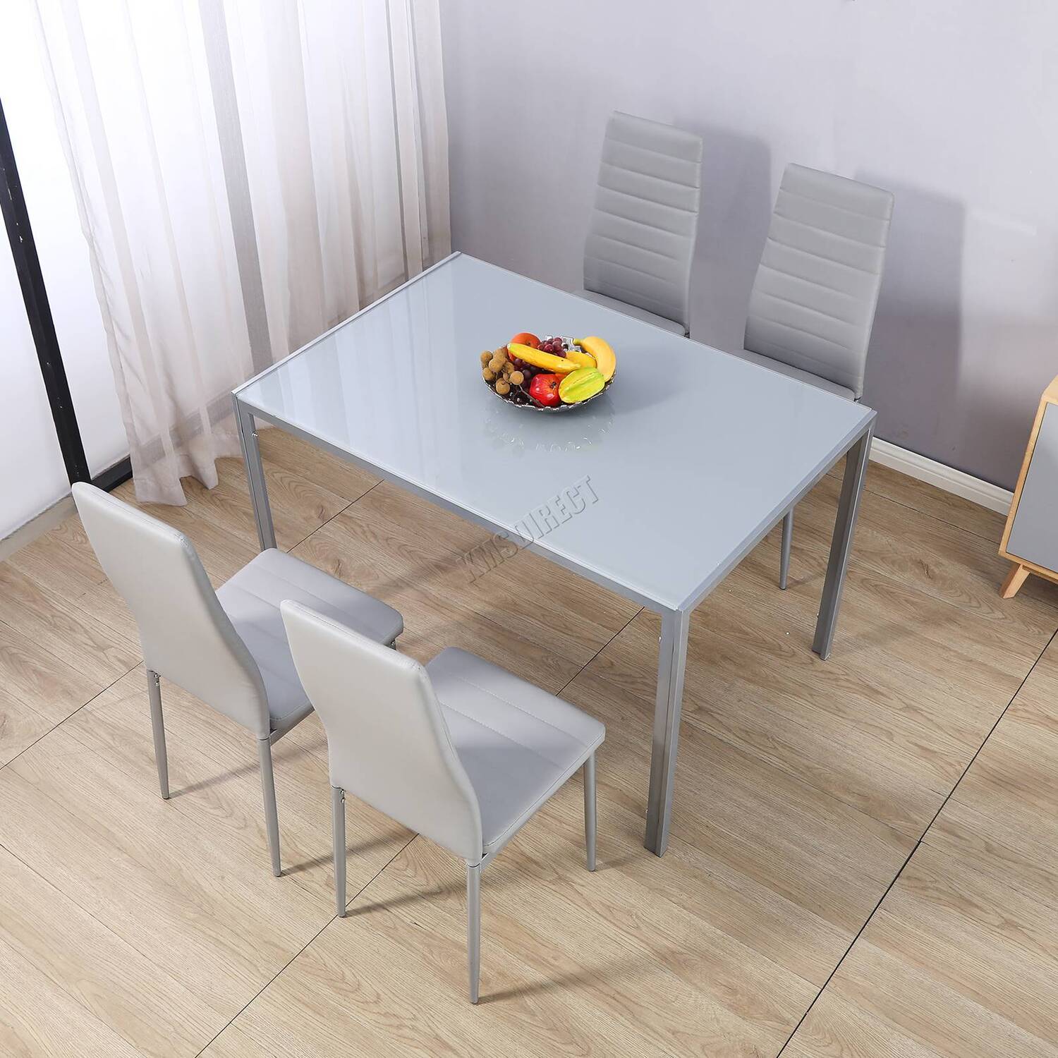 Glass Top Dining Table With 4 Faux Leather Chairs Set