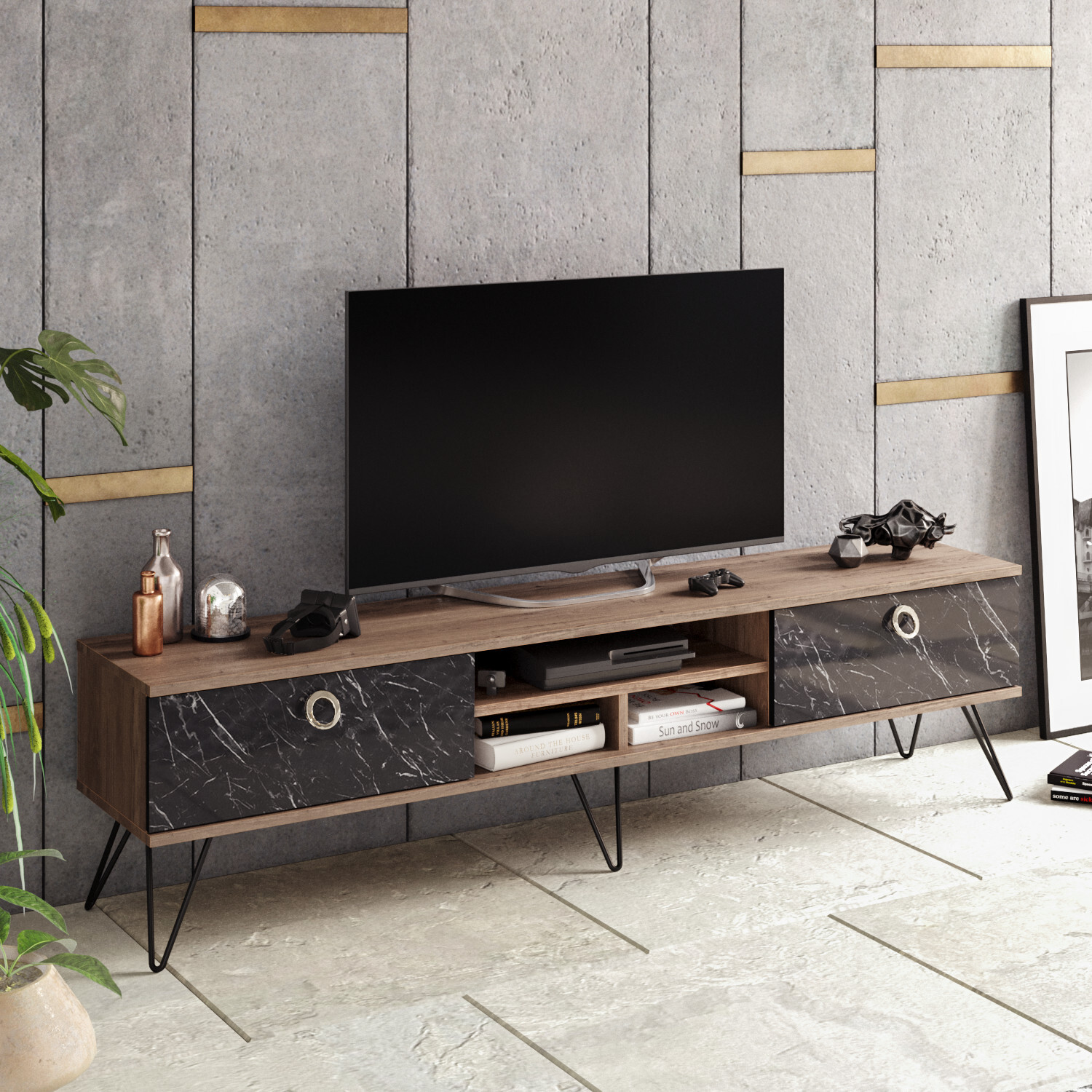 Lorenz Tv Unit - Walnut And Black Marble Effect
