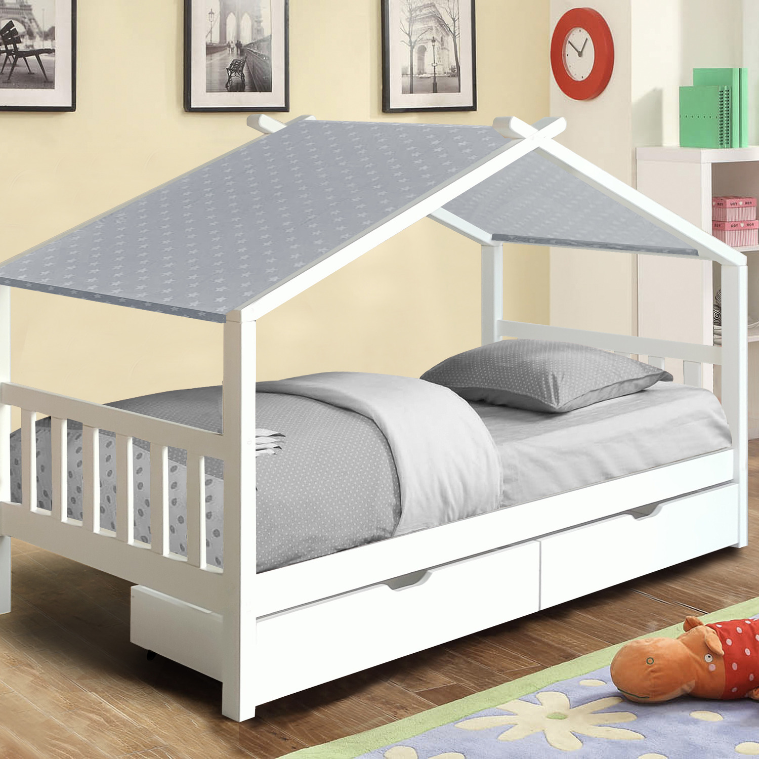 3ft Wooden House Storage Bed - White Grey Tent