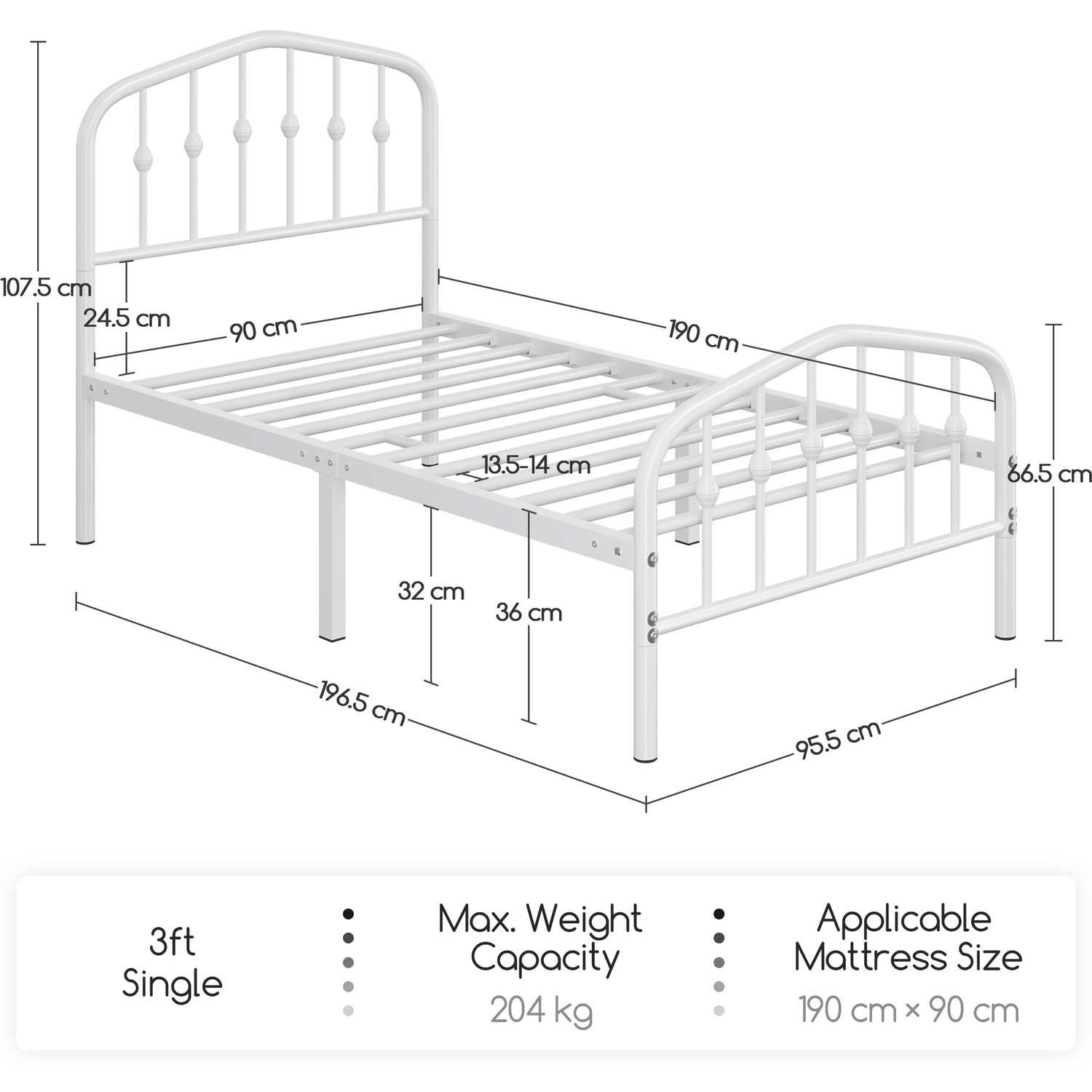 Metal Bed Frame With Arched Headboard - White Single