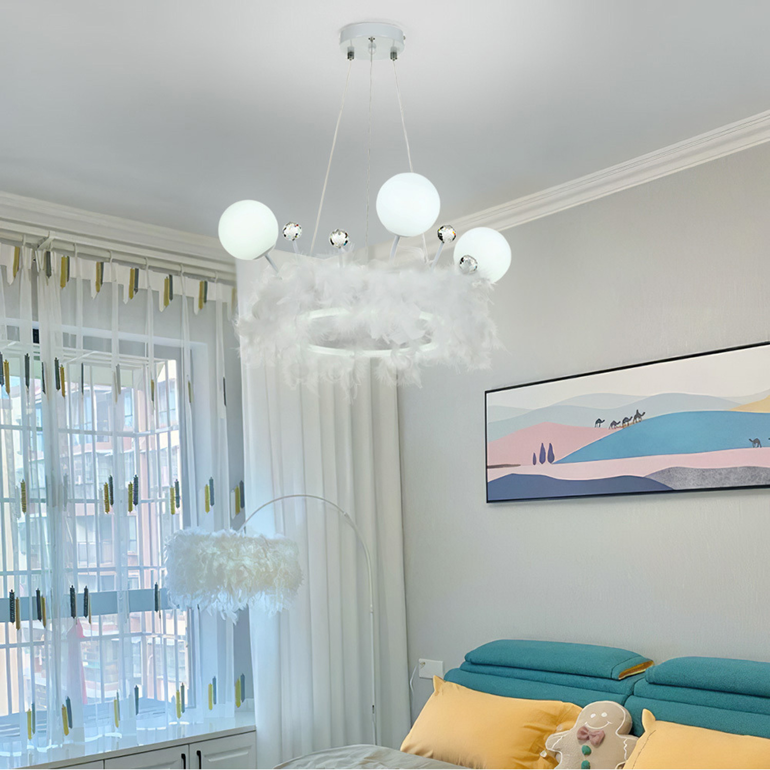 Livingandhome Feather Led Pendant Light With Crystal Balls - White