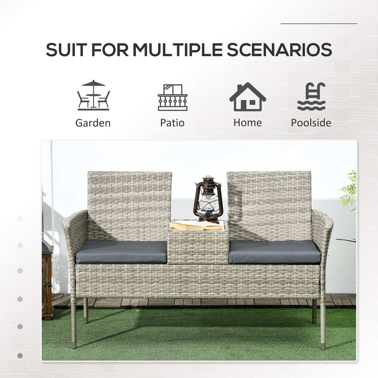 Outsunny Middle Glass Coffee Table Rattan Garden Bench - Light Grey