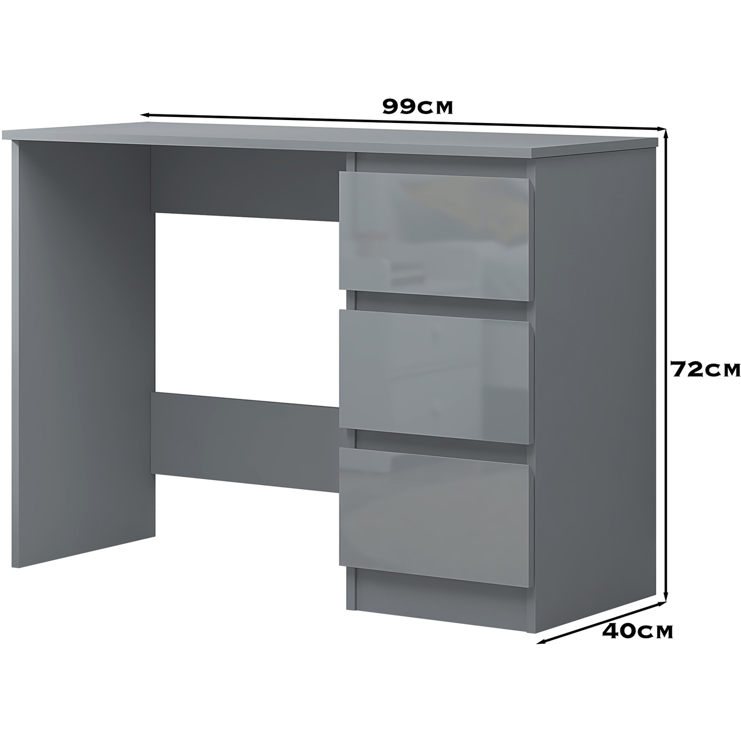 High Gloss Grey Dressing Table Desk With 3 Drawers - Gloss Grey