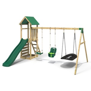 Wooden Climbing Frame with Triple Swing Play Tower and Slide