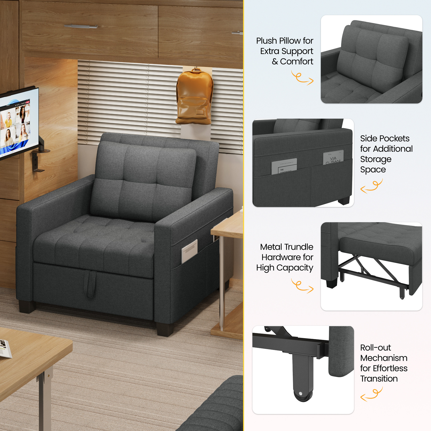 Yaheetech Convertible Sofa Chair Sleeper Chair - Dark Grey